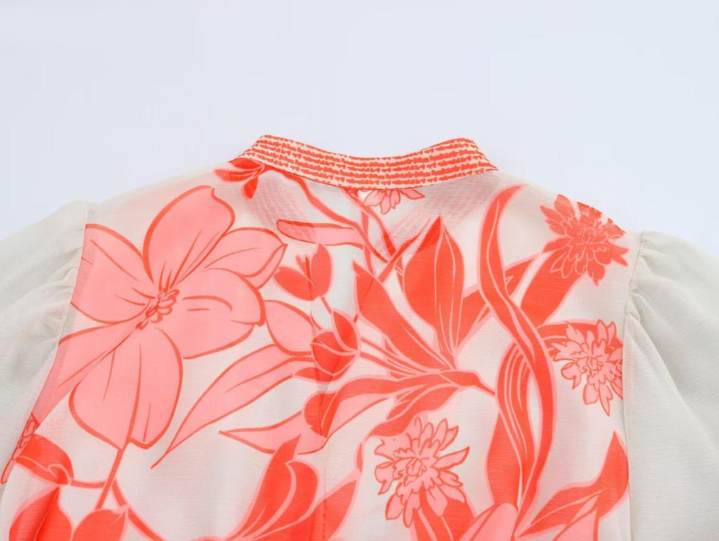 Spring 2025 Women's European & American Style V-Neck Tie Waist Printed Dress