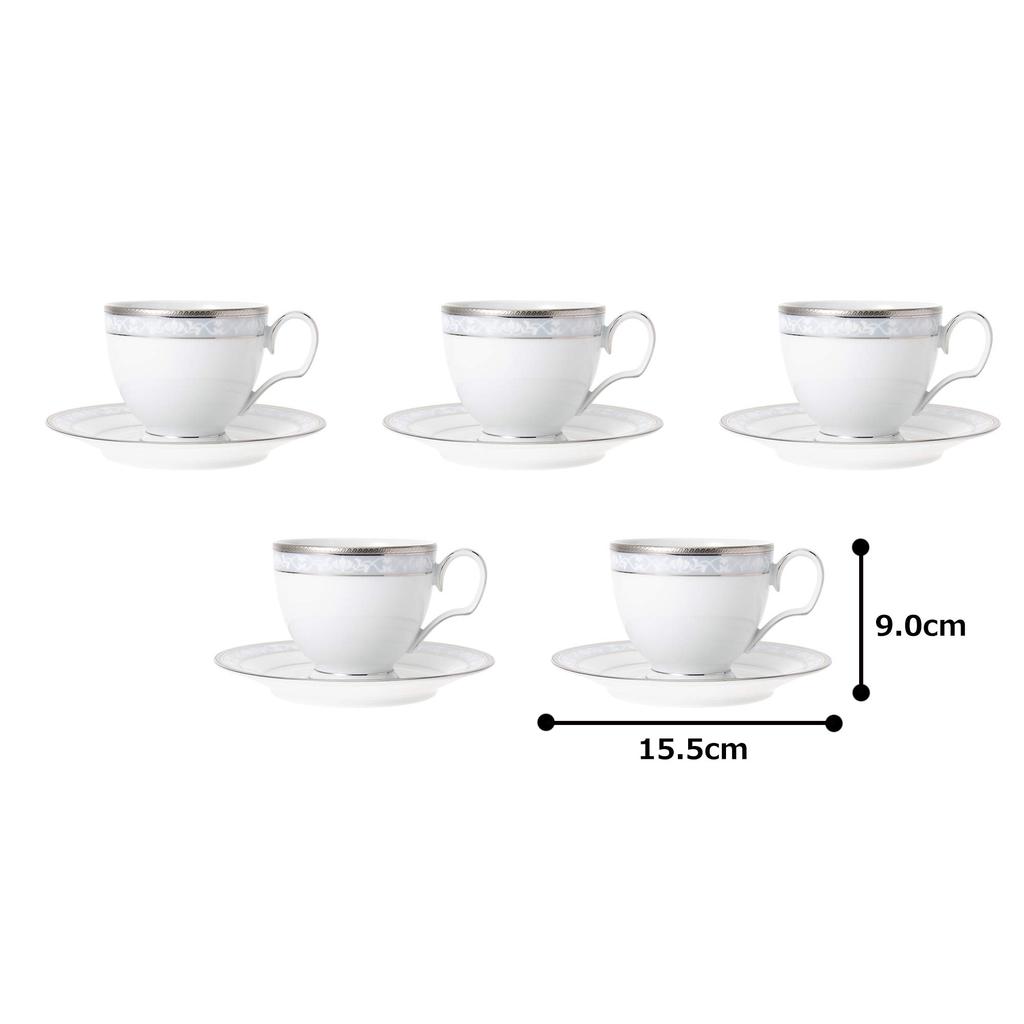 Noritake Cup & Saucer Set (Coffee & Tea), 250cc, Hampshire Platinum, 5-piece set, Fine Porcelain, F91988/4336