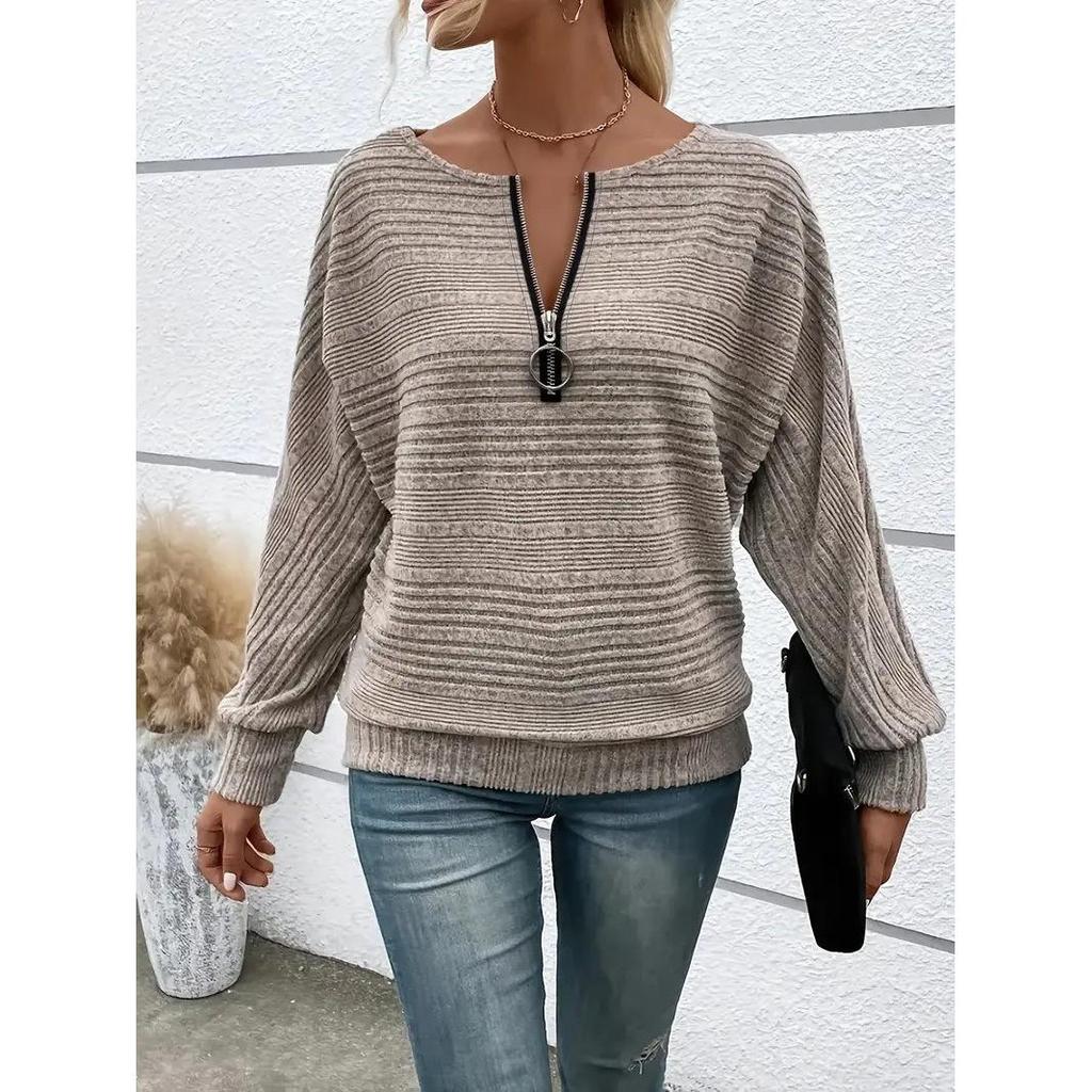 Women's Casual Solid Color Long Sleeve Zip Pullover Top (Autumn/Winter 2025)