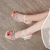 Fashion Beige Water Diamond Sandals for Women's New Crystal Summer Comfort PU Leather High Heel Open Toe Fashion Thick Heel Shoes