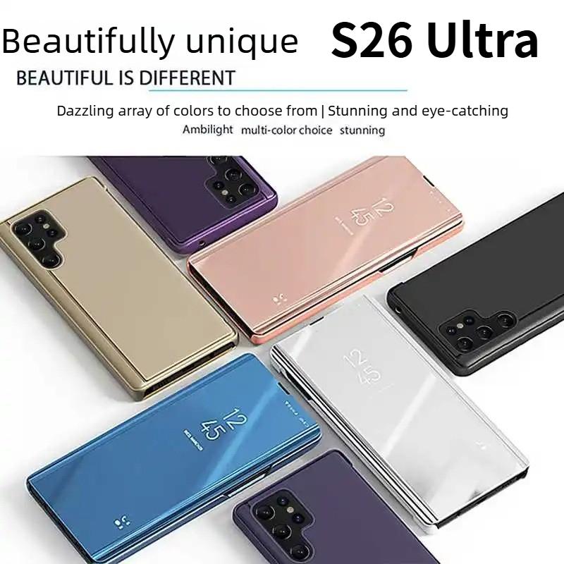 Busin Plating Mirror Smart View Sle Leather Flip Phone Case For Samsung S26 Ultra S25 S24 S23 Plus FE Anti-fall Protection Cover