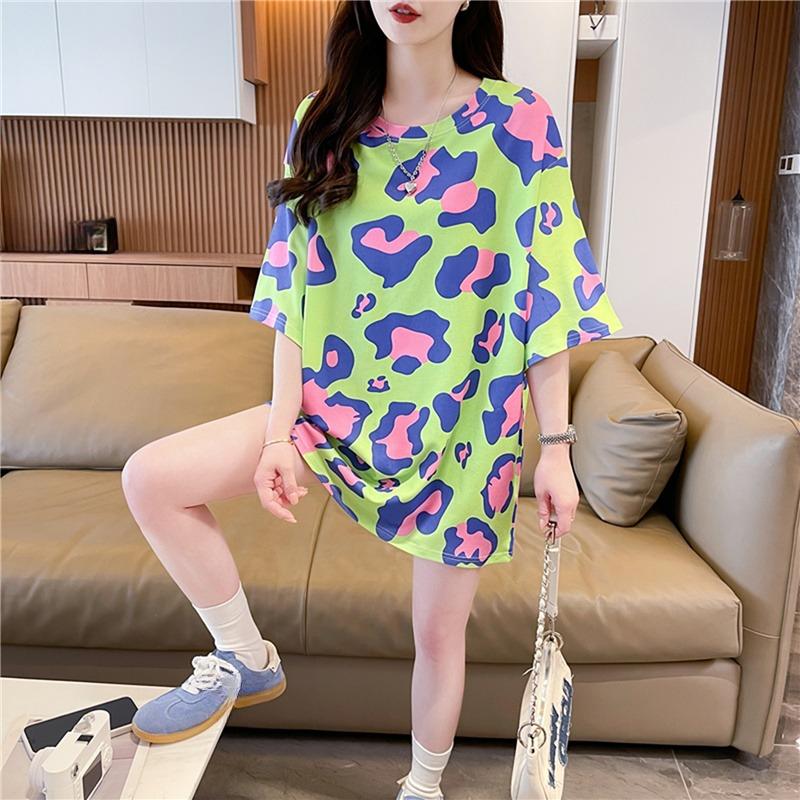 Korean Leopard Print Oversized Long T-shirts Fashion Large Size T-shirt Summer Women Green Y2k Tops Harajuku Hip Hop Streetwear