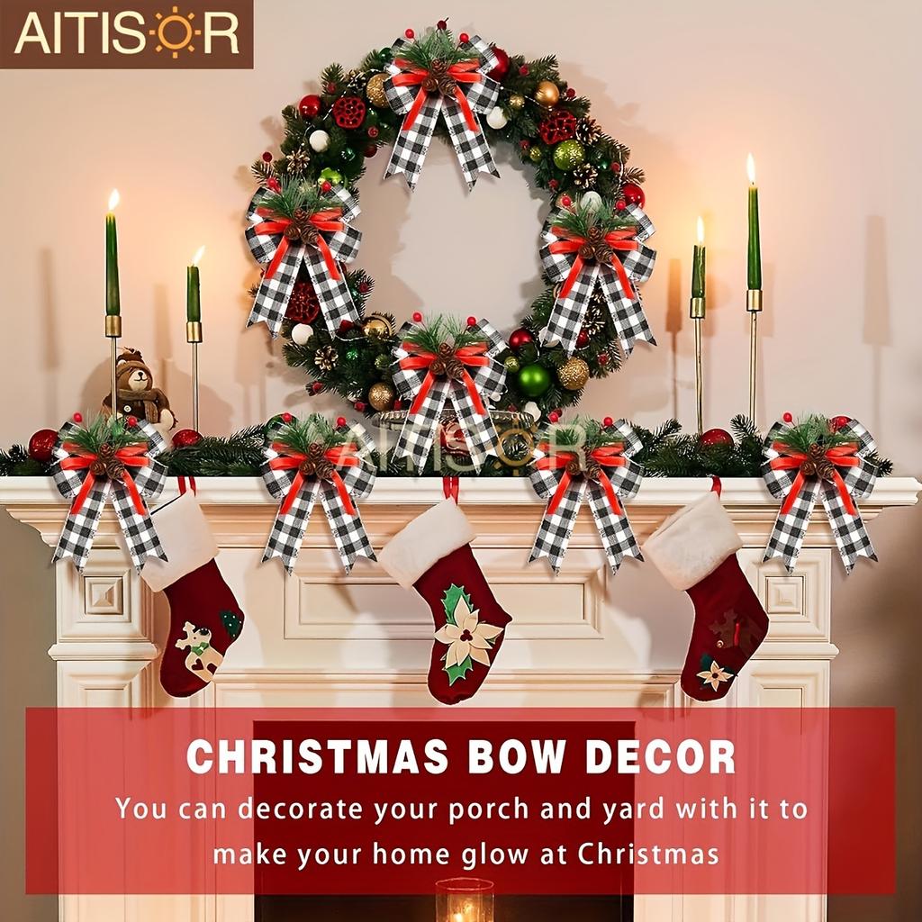 6pcs Christmas Ribbons Buffalo Plaid Bows with Plastic Pine Cone for Christmas Tree Mantle Fireplace Wreath DIY Crafts Decoration Party Decor Gift