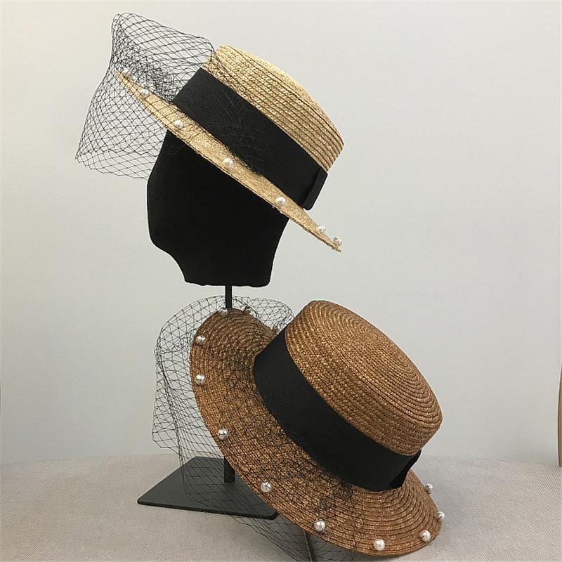 Japan Designer Natural Straw Mesh Pearl Brim Lady Fedoras Hat Women Leisure Panama Jazz Cap
