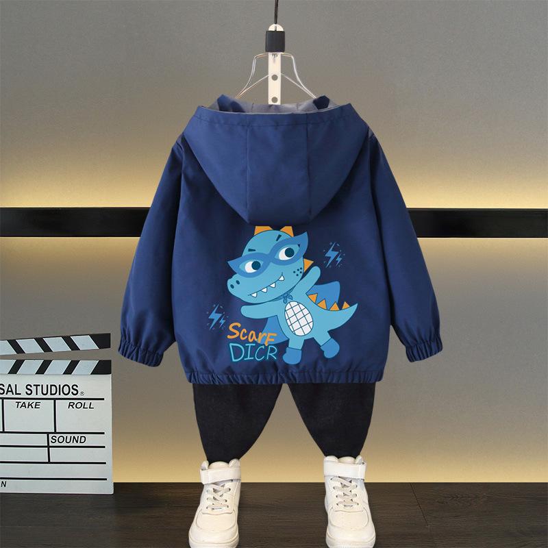Spring and Autumn 1 2 3 4 5 6 Years Boys Coats Patchwork Cartoon Dinosaur Pattern Hooded Windbreaker Leisure Overcoat for Kids Birthday Present