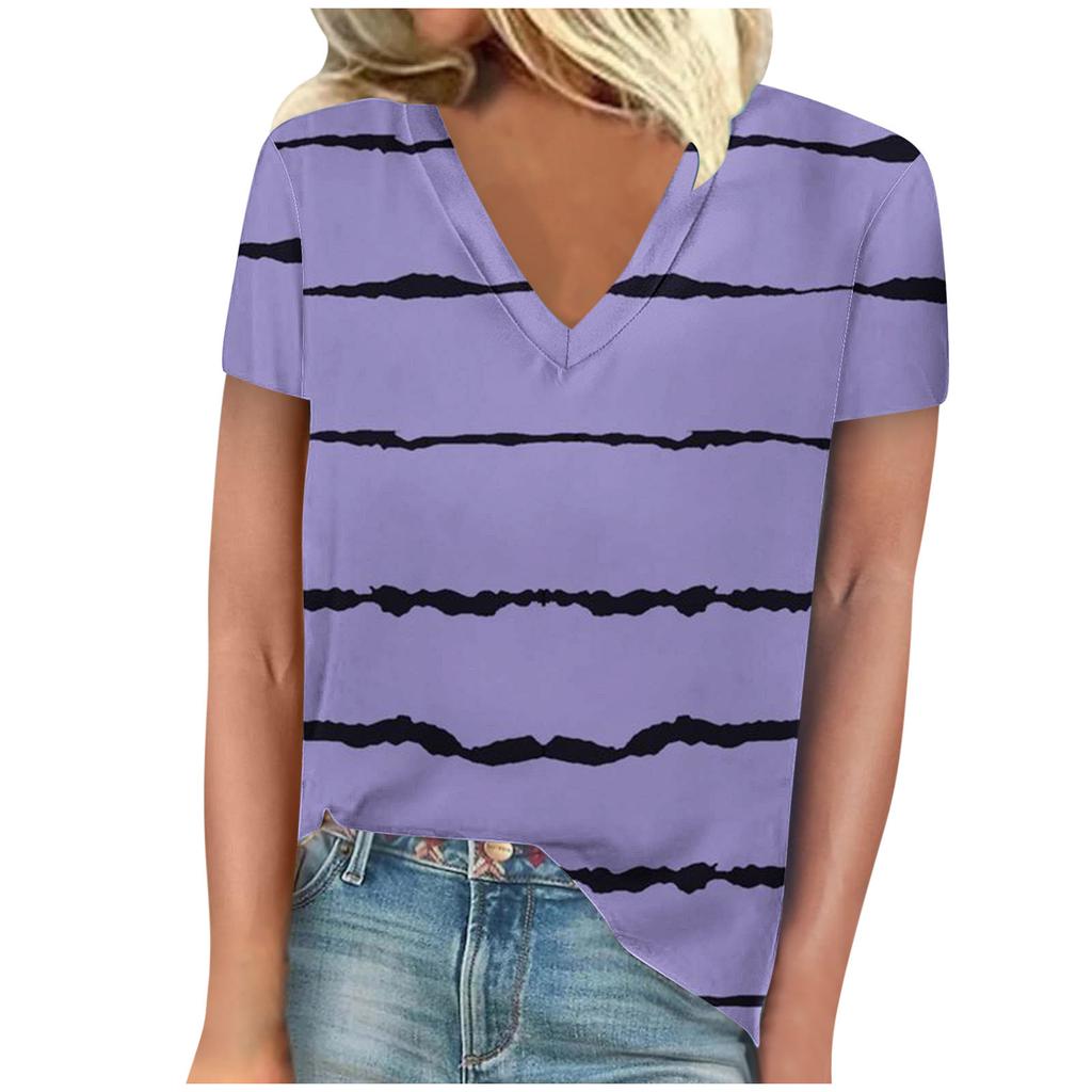 Summer V-neck 3D Stripe Printed Top Fashionable Casual Short Sleeved Women's T-shirts