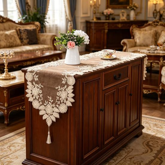 Lace Table Runner with Tassels, Anti-Wrinkle Vintage Table Runner, Decorative Runner with Beaded Flower & Leaf Embroidery for Dining Coffee Table
