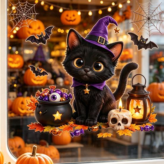 Decorative Glass Film Halloween Static Window Clings, Witch Black Cat Stickers, Reusable No Glue Indoor Ornament Stickers for Shop Store Home