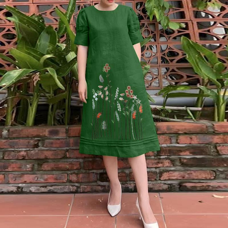 

ZANZEA Женское повседневное платье с вышивкой, принтом, круглым вырезом и коротким рукавом 5XL