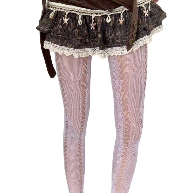 Bowknot Twist Stripe Jacquard Sheer Pantyhose With Breathable Lace Design Solid Color Hollowout Fishnet Tights for Women