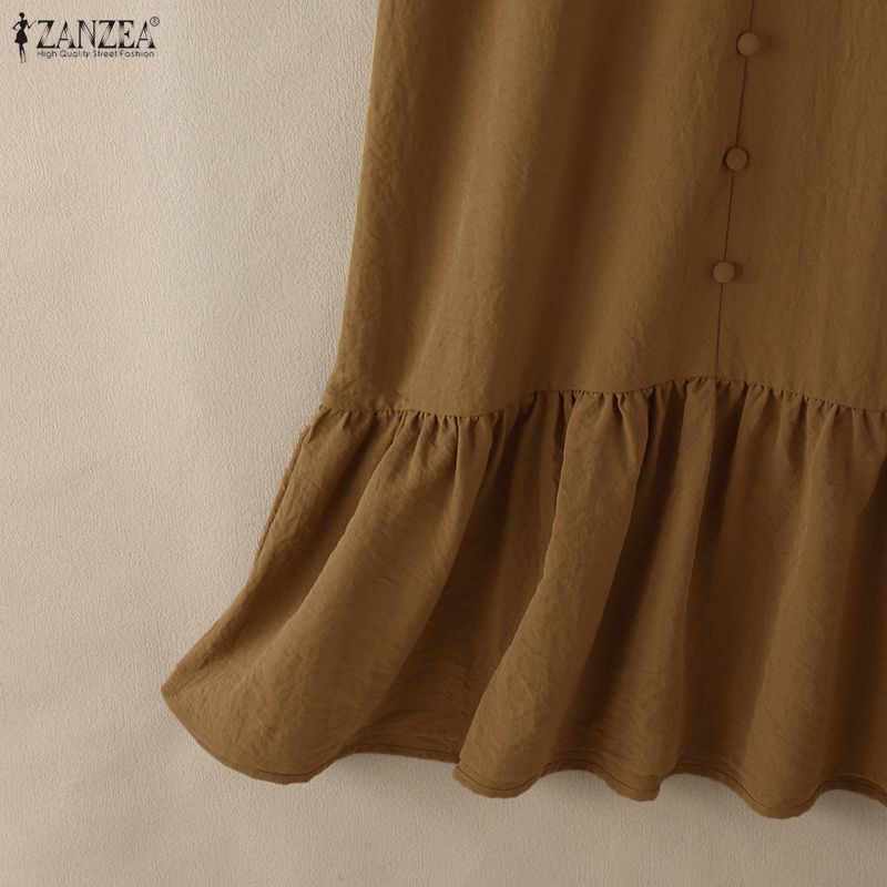 ZANZEA Women Casual Round Neck Loose Ruffles Hem Solid Color Half Sleeve Dress