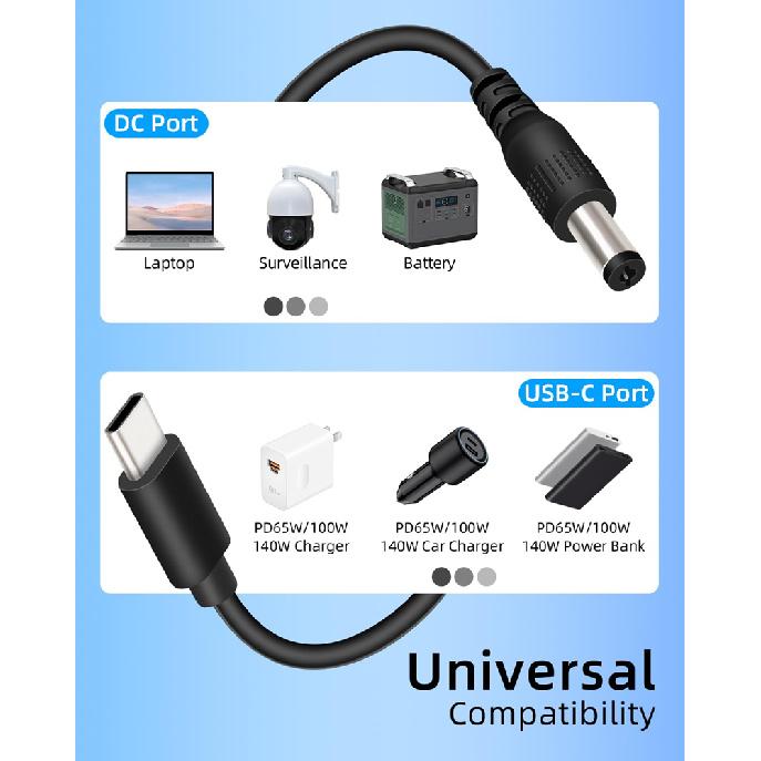 5V/9V/12V/15V/20V/28V USB C to DC 5.5x2.5 PD Trigger Power Cable Adjustable Voltage 140W Type C Male to DC 5.5x2.5mm Male Cord 5