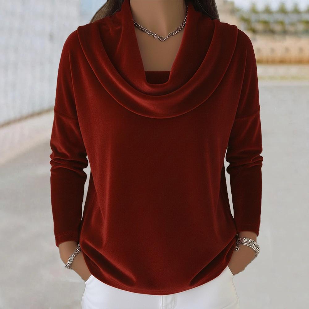New Autumn-winter Women's Pure-color Long-sleeved Gathered-neck Velvet Top with Loose Fit for Slimming Effect and Suitable for Business Wear.
