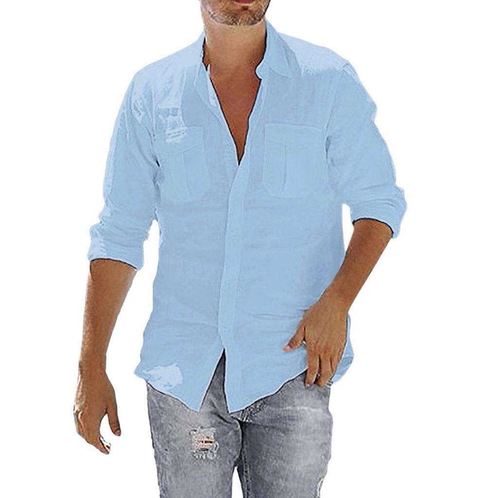 Men's Baggy Cotton Linen Pocket Long Sleeve Retro T Shirts Tops Blouse