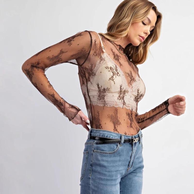 Women Half Turtleneck Lace Floral Mesh Slim Fit Long Sleeve Base Top