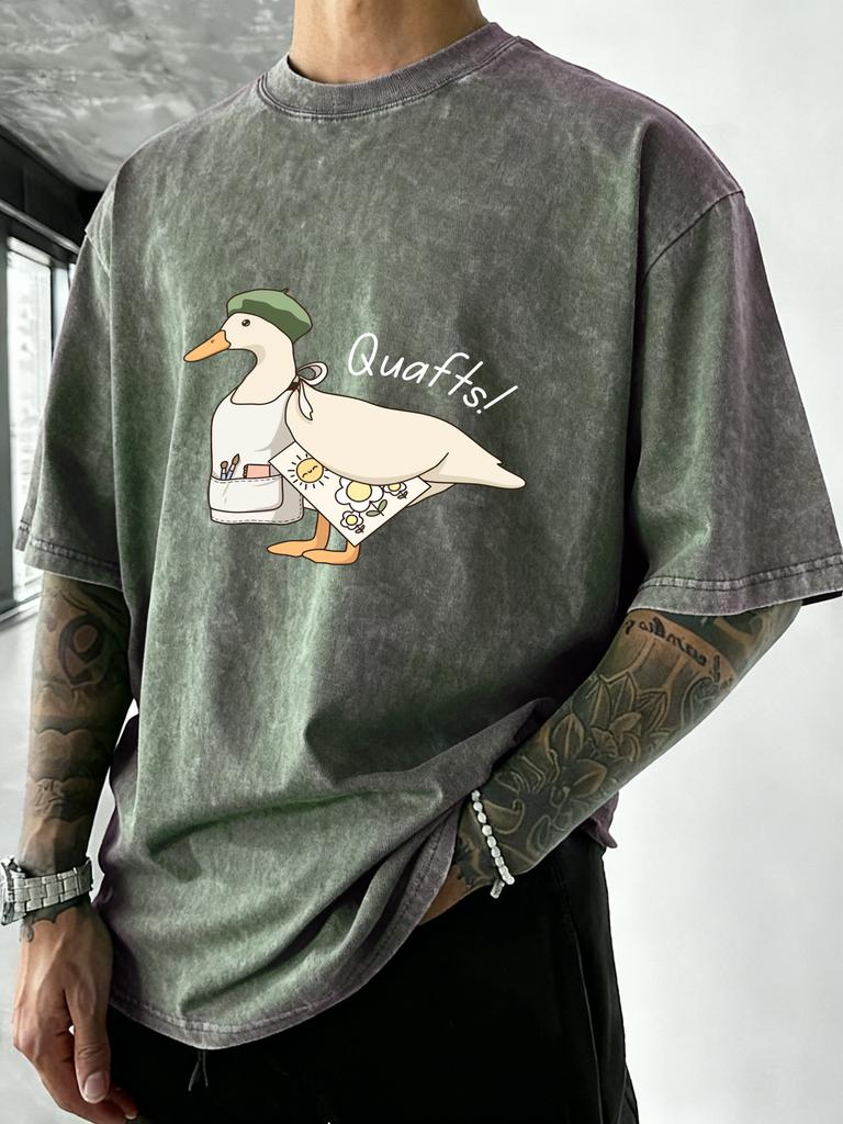 The Big Goose Who Loves Drawing Print Washed T Shirts Men Summer Cool TShirt Loose Vintage Tops Casual Cotton Short Sleeve