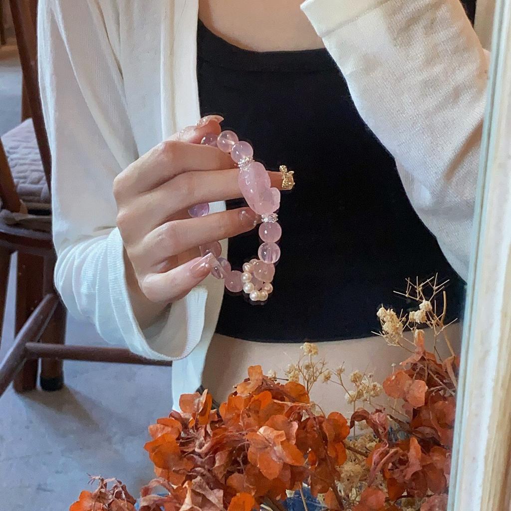 Zhang Junning's same style natural pink crystal bracelet for women, hibiscus stone, horse pink crystal Pixiu bracelet, peach blossom bracelet
