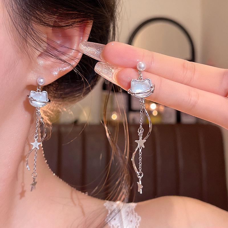 "925 Silver Long Tassel Zircon Bow Earrings for Women - Light Luxury & Versatile Design"