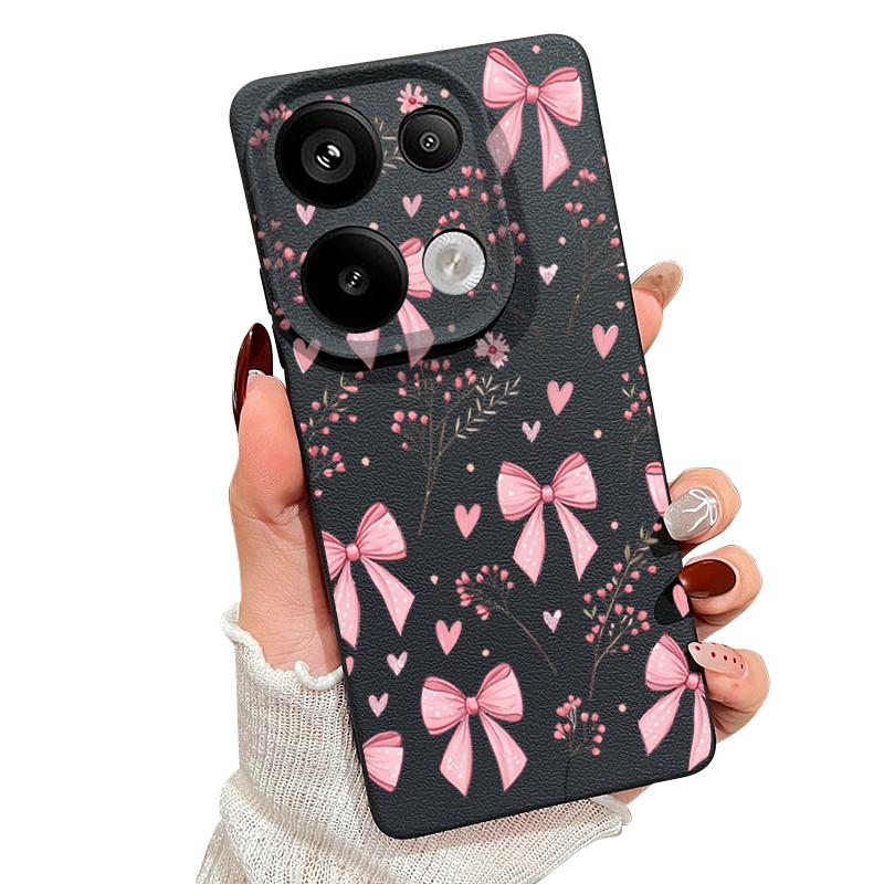 Pink Bowknots Floral Pattern Case For Xiaomi 14T 13T 11T Pro Funda Redmi Note 14 13 12 11 Pro 5G 4G Leather Texture Silicone Cover