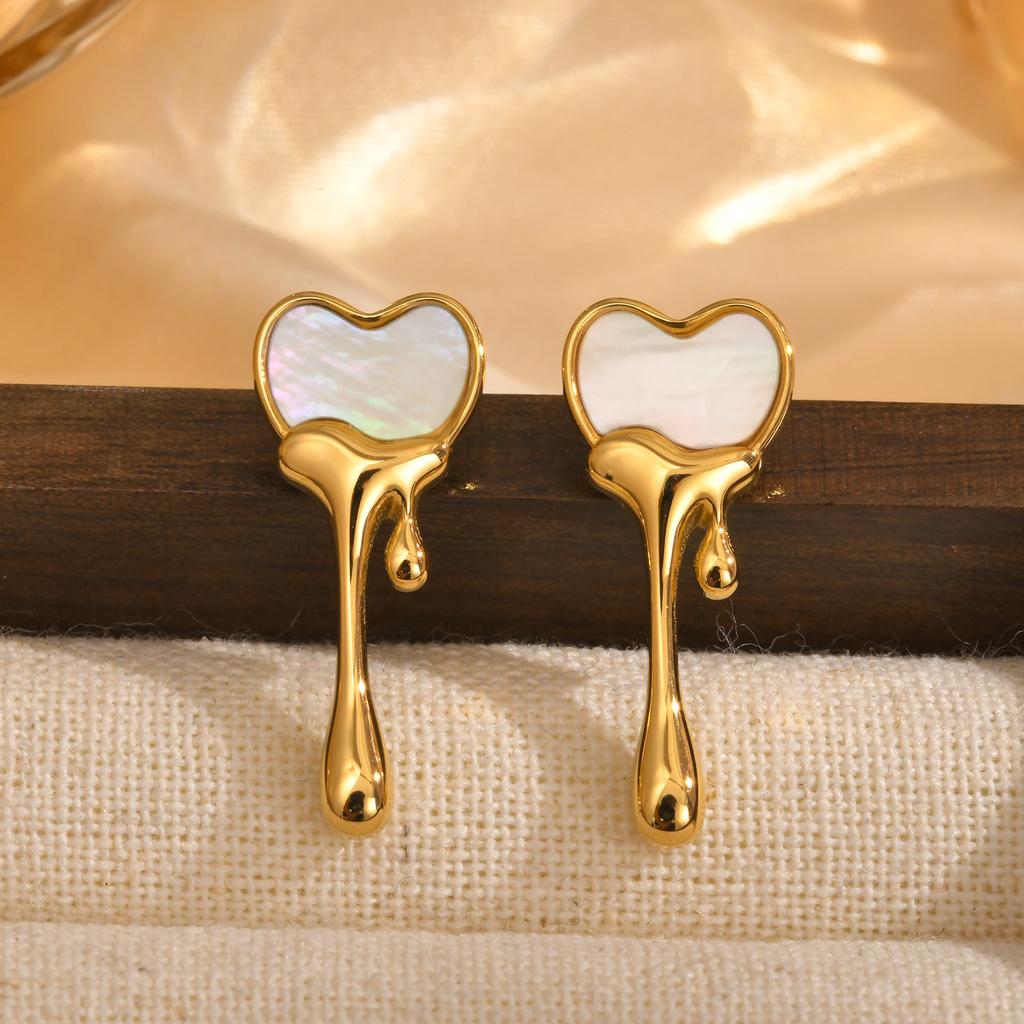 Stainless Steel Stud Earrings Full-gloss White Shell Heart-shaped Liquid Earring for Women Gold Color Chic Simple Jewelry Party