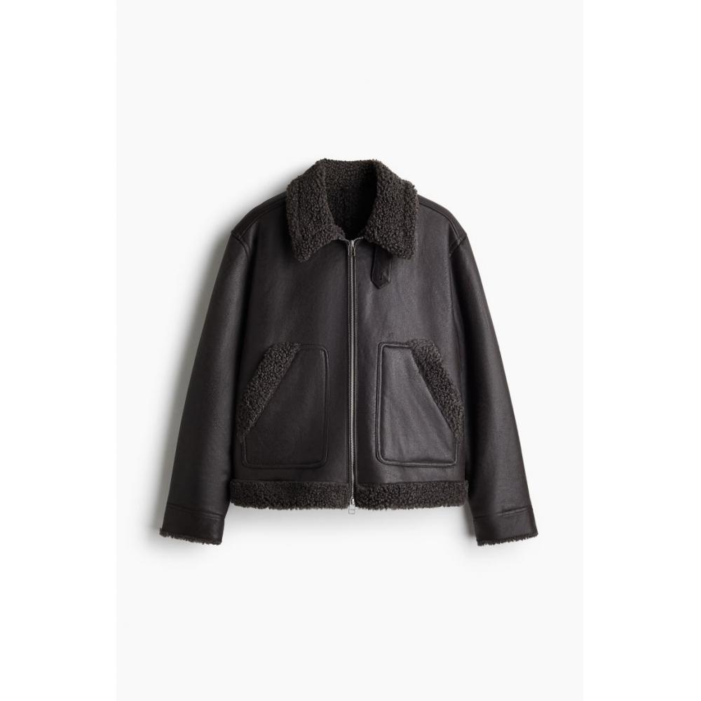 H M Regular Fit Teddy triM Jacket Dark Brown