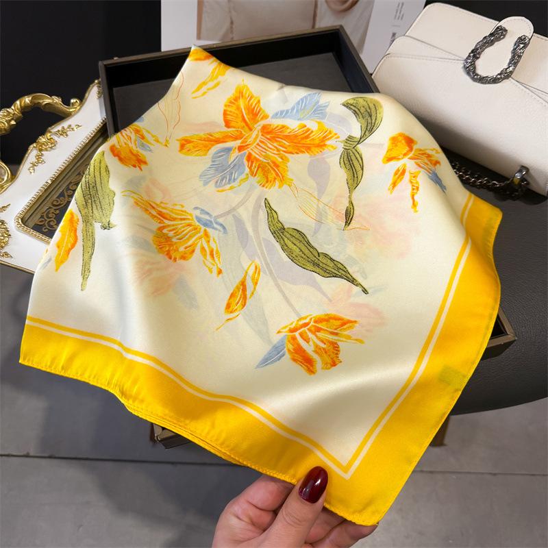 Luxury Designer Yellow Floral Square Print Scarf Women Silk Scarves Bandana Hijab Neckerchief Shawl Kerchief Hair Band Foulard