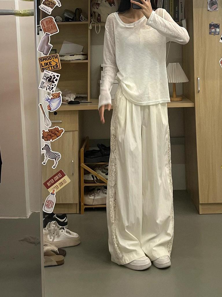 Lace Patchwork Pants Women's Summer Slim Fit Wide Leg Pants Ins Style Photo Color