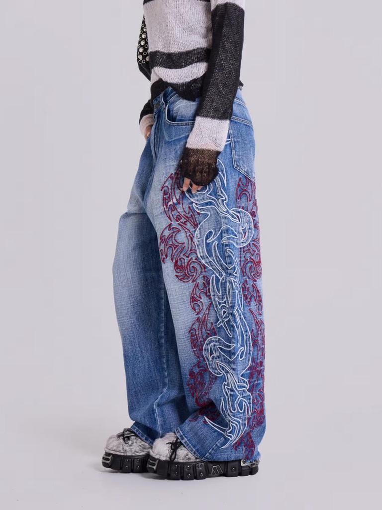 Y2K Embroidery Design Loose Floor-Length Unisex Jeans