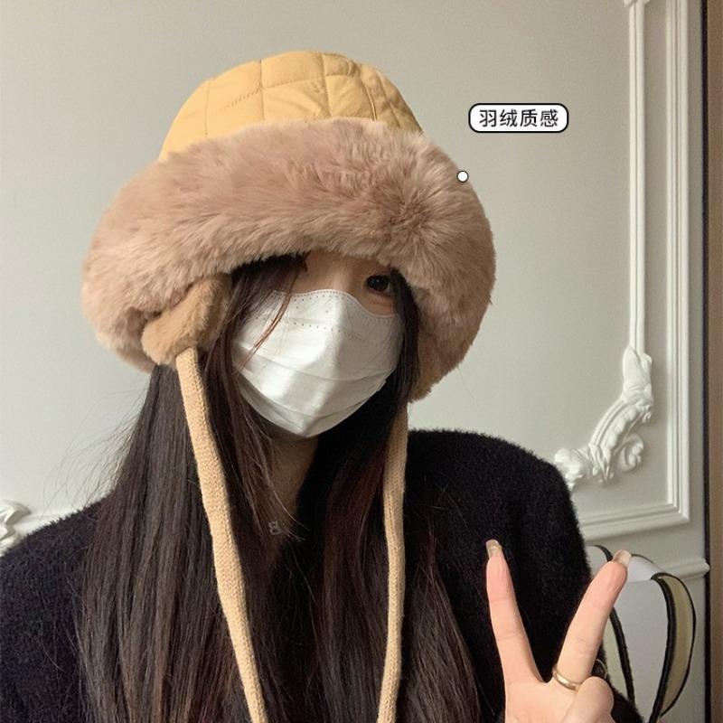 Bucket hat for women, velvet and thickened thermal basin hat in autumn and winter, big face Mongolian ear protector, small face hat for men