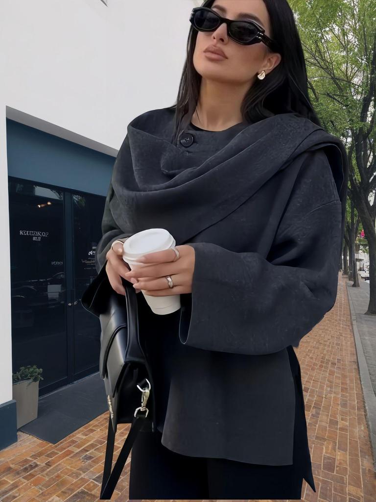 2024 Autumn/Winter Women's Asymmetrical Long-sleeve Knitted Scarf Coat - European/American Style, Solid Color, Fashionable Temperament