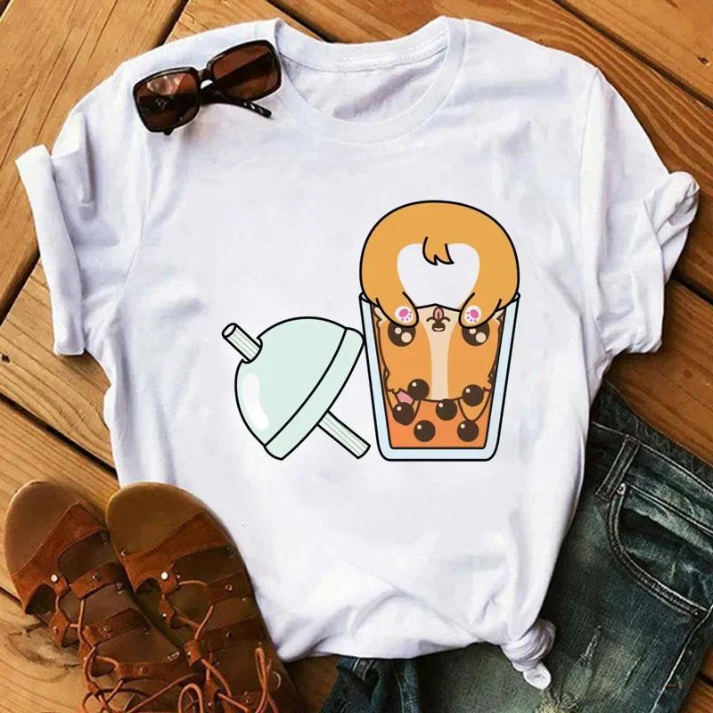 Kawaii Cartoon Milk Tea Printed T Shirt Women Fashion T Shirt Casual Tops 90s Girls Ladies Female Short Sleeve Cute Graphic Tee