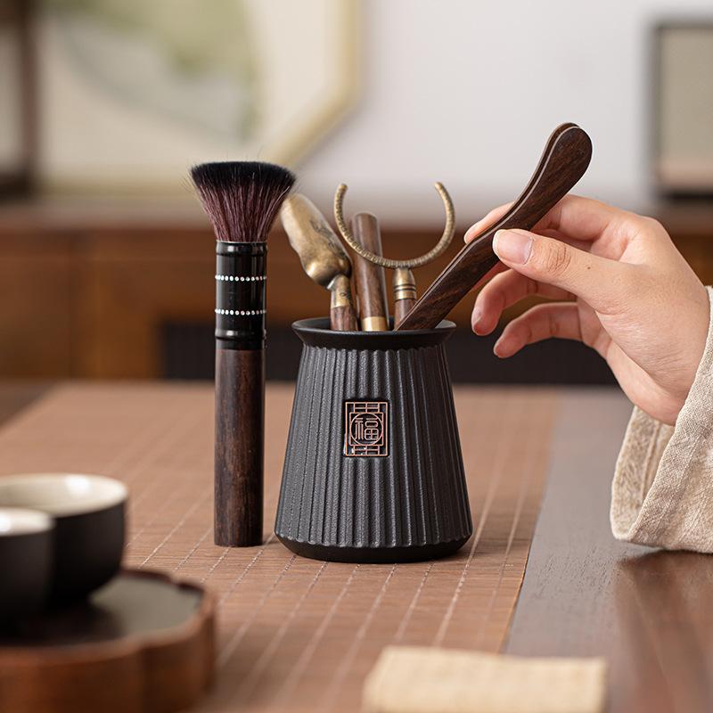 Coarse Pottery Vertical Pattern Blessing Character Tea Six Gentlemen Pot Pen Tea Clip Teaspoon Kung Fu Tea Set Tea Ceremony Zero Combination Ornament