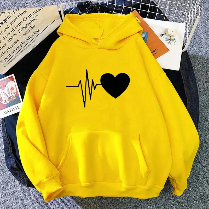 Woman Hooded Sweatshirt Casual Fashion Heart Print Hoodies Ladies Home Outdoor Comfort Warm Pullover Daily Sport Loose Hoody Top
