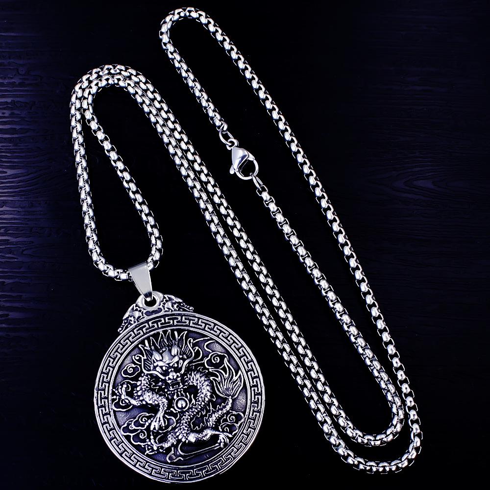 Hip Hop Chinese Dragon Embossed Round Pendant Necklace for Men and Women - Titanium Stainless Steel.