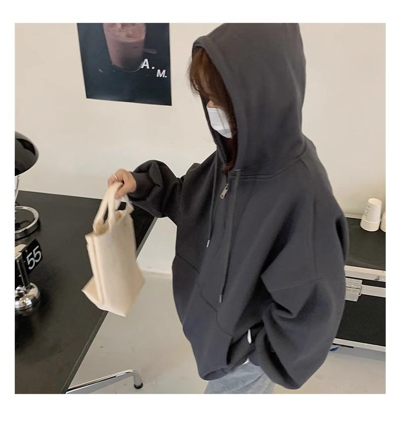 Felpa con cappuccio e zip foderata in pile da donna - Stile coreano pigro, Cardigan spesso per la primavera e l'autunno 2024.