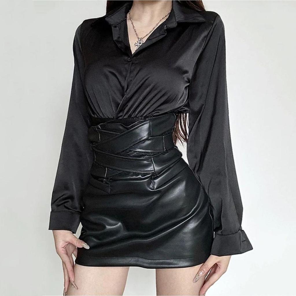 Women's Plus Size Black PU Leather Bodycon Mini Skirt - High-End Spring/Autumn Style with Ant Waist Design