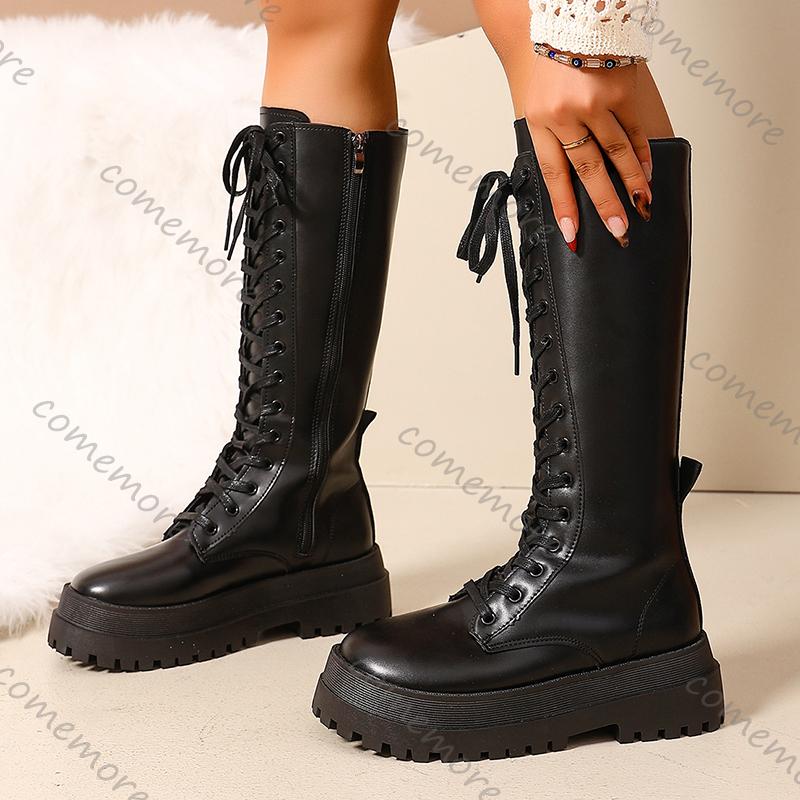 Comemore Women's Chunky Platform Knee High Boots Thick Sole Leather Motorcycle Boots Woman Autumn Winter Punk Long Botas
