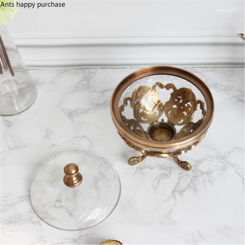 Obstschale aus Messing und Kristallglas, dreibeiniger Obstteller, Trockenobstteller mit Deckel, Snacktablett, Dim-Sum-Teller, Dessertschale