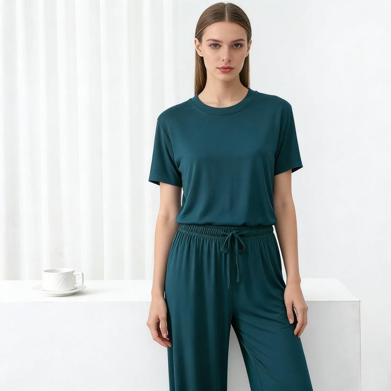 Modal Loose Homewear Set O-neck Tshirts Short Sleeves and Wide Leg Pants Casual Streetwear Suit All Match