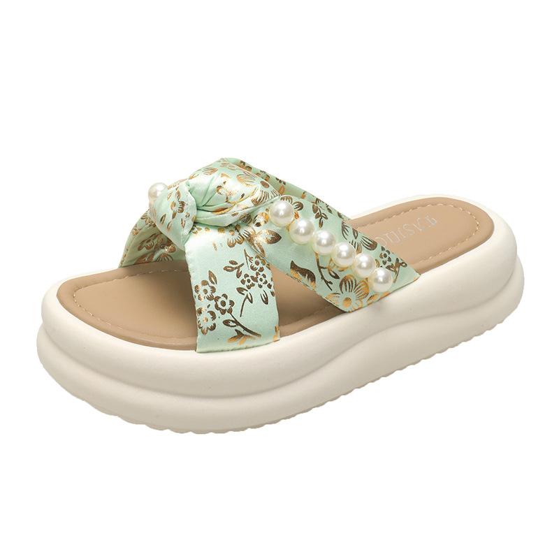 

New pearl simple slippers women s fashion thick bottom cross strap home flat bottom slippers women wear sandals 41