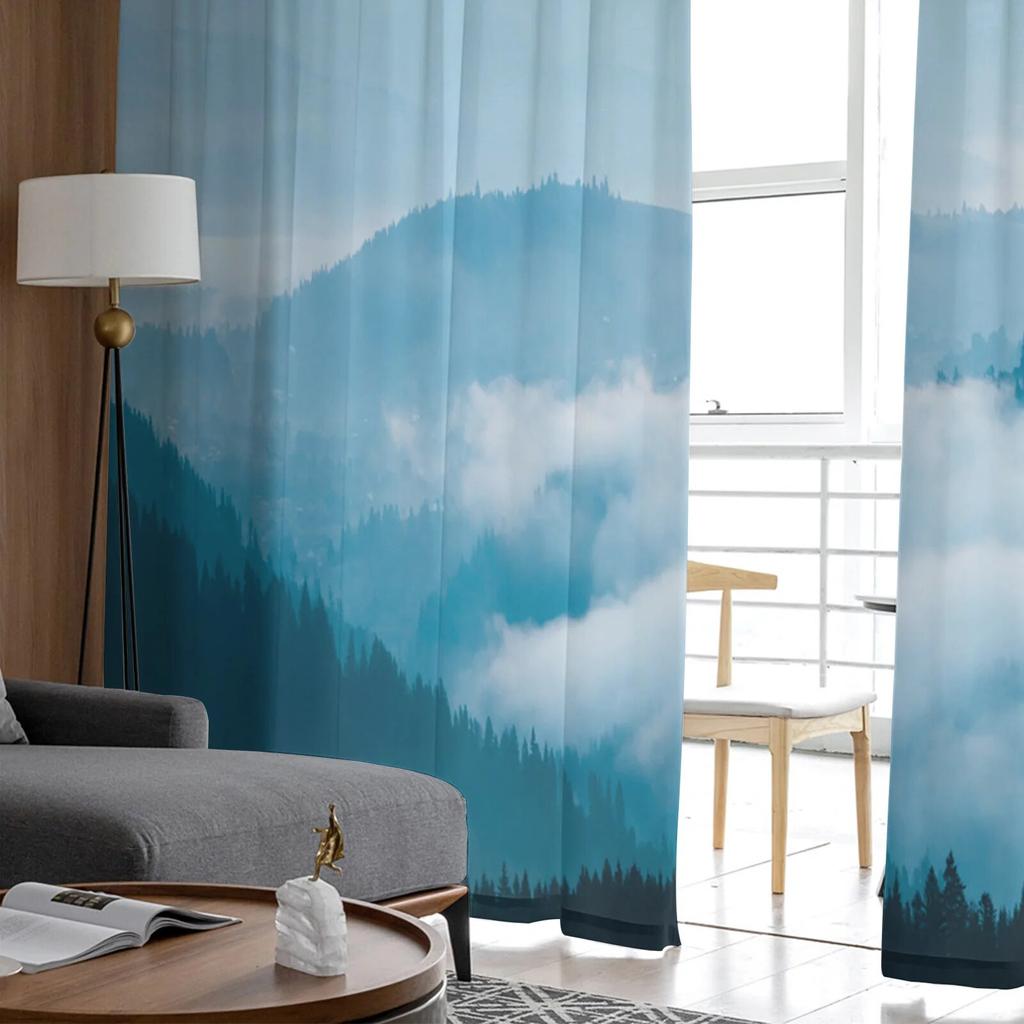 Mountain River Clouds Forest Modern Printed Tulle Curtains for Bedroom Balcony Window Decor Creative Fashion Home Sheer Curtain
