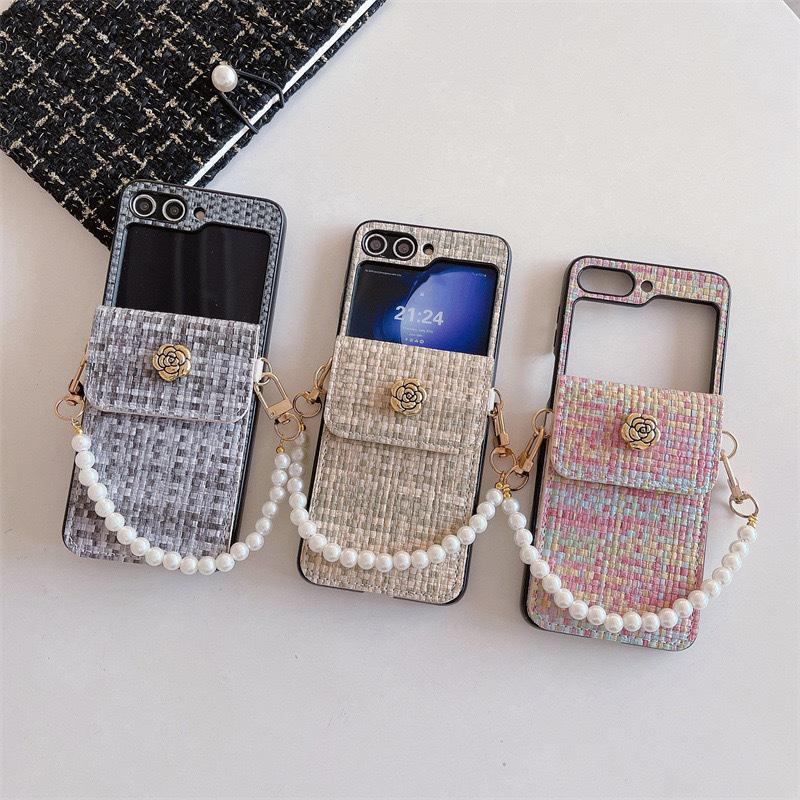 Flower Wallet Phone Case for Huawei Pocket2 Folding Screen Flip for Samsung Zflip5 Pearl Hand Chain
