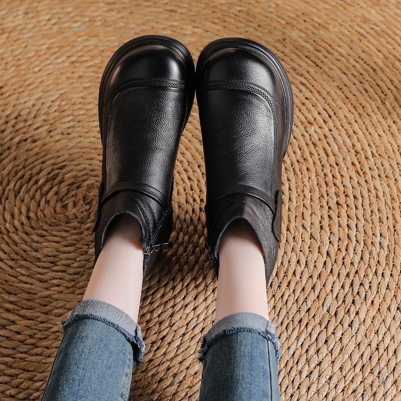 Autumn and winter new first-layer cowhide thick-heeled retro Martin boots medium and old boots women's velvet short boots genuine leather single boots