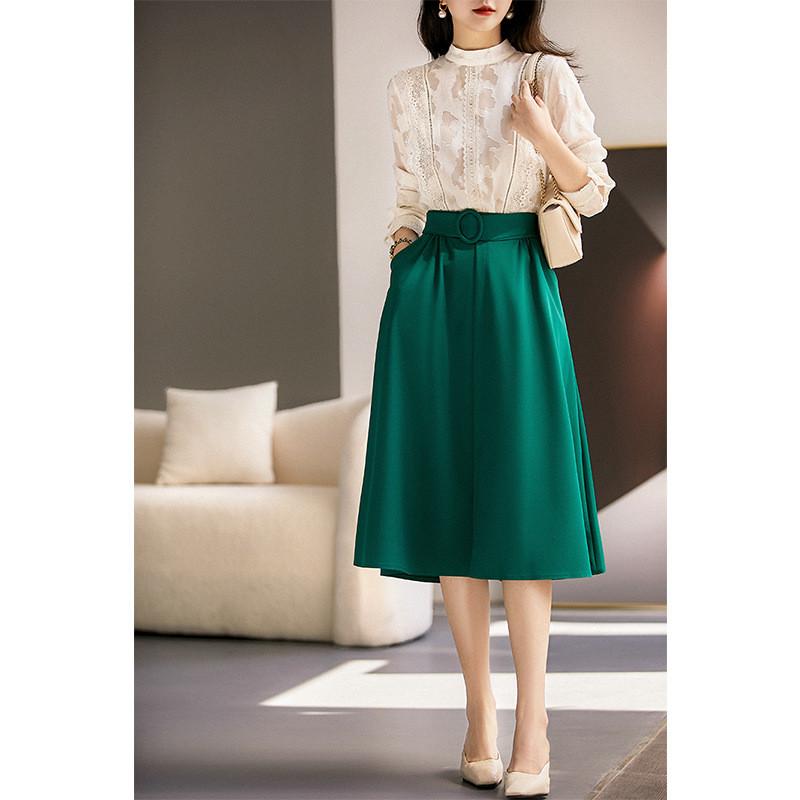 

Qooth A-Line Midi Skirt Elastic Waist Draped Skirt in Green Chic Office QT2048 One Size зелёный