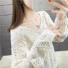 Hollow long-sleeved knitted sweater women's spring and autumn new pullover v-neck top loose outer wear sweater bottoming shirt thin