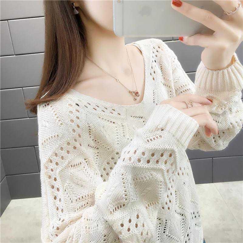 Hollow long-sleeved knitted sweater women's spring and autumn new pullover v-neck top loose outer wear sweater bottoming shirt thin