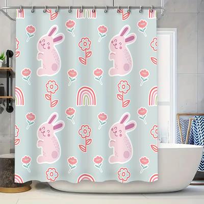 Cute Bunny Rabbit Shower Curtain with Flowers Rainbow Design Waterproof Fabric for Bathroom Decor In Light Blue Color (Size: 72x