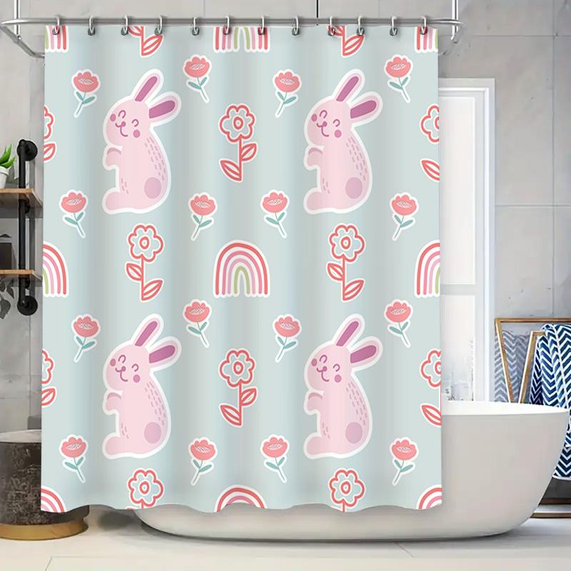 Cute Bunny Rabbit Shower Curtain with Flowers Rainbow Design Waterproof Fabric for Bathroom Decor in Light Blue Color (Size: 72x