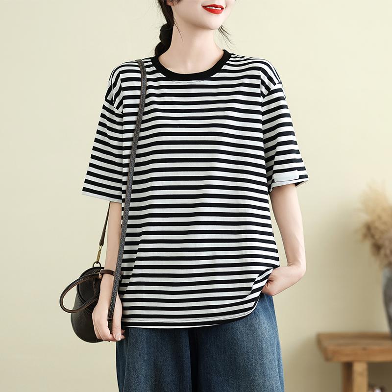

DIMANAF 2025 New Summer Women Loose Plus Size T-Shirt Short Sleeve Basic Casual Stripe Tops XL