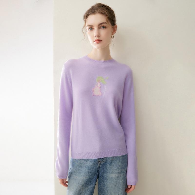 New Stylish Women's 100% Cashmere Embroidered Round Neck Pullover Sweater - Warm & Versatile Winter Knit